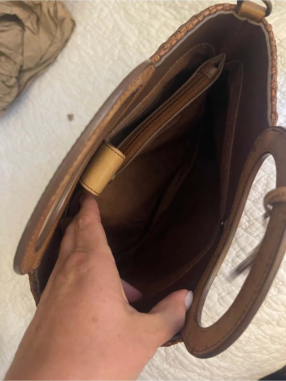 Fossil Woven Leather Tote Bag Brown Top Handle Satchel Crossbody Summer - Picture 5 of 7